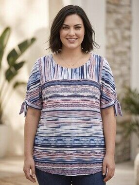 Claire France Boho Coastal Short Sleeves Top, White Blue Pink Stripe, Size 1X